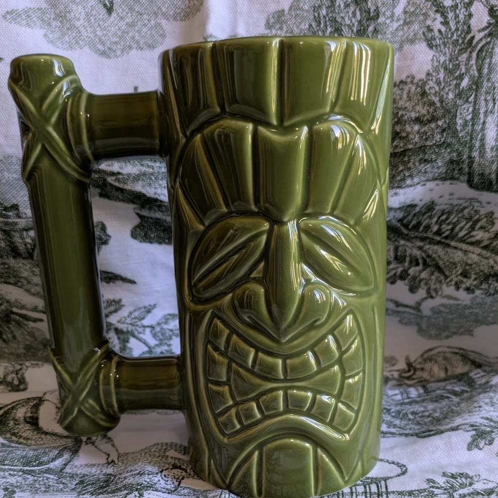 Island Heritage Light Green Ceramic 6" Tall Tiki Face Mug Large Handle Unique